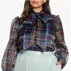 Halogen x Atlantic Pacific Bow Collar Blue Plaid Blouse
